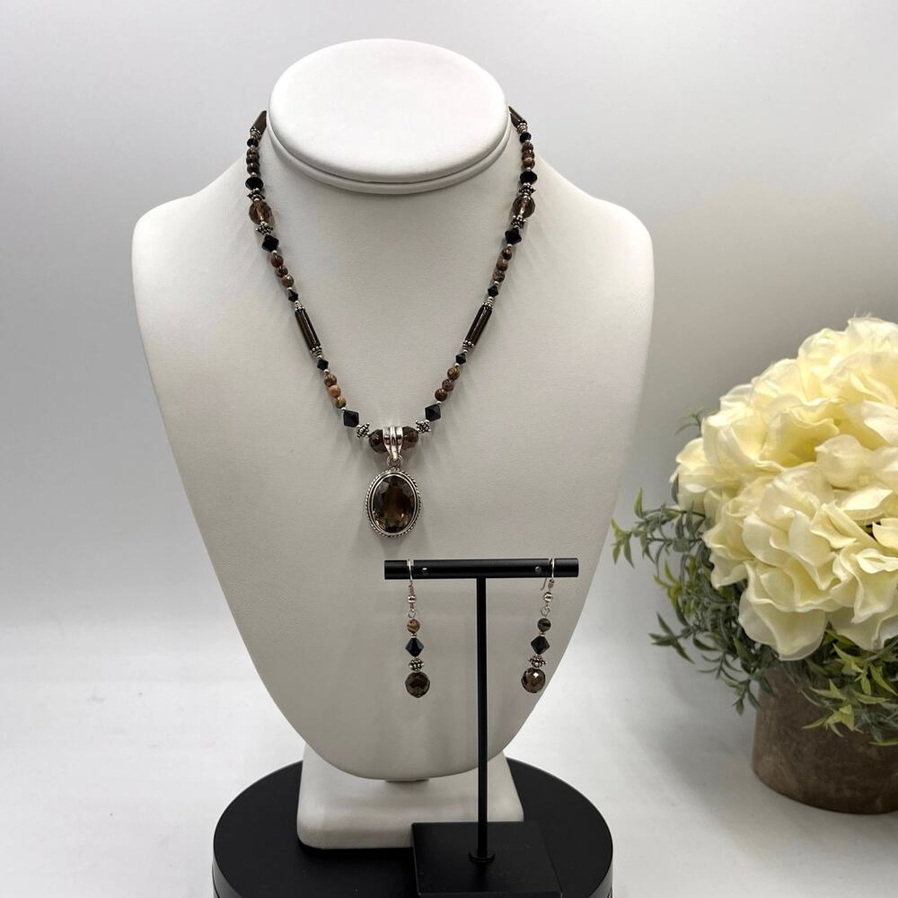 Sterling Silver Smoky Quartz Pendant Beads Jasper Necklace and 925 Earring‎ Set
